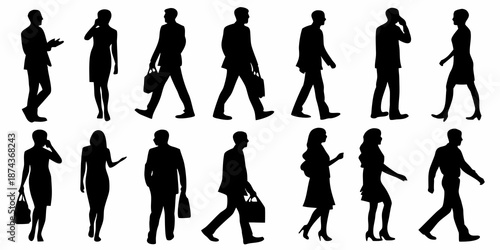 Silhouettes of people walking in different poses and business attire