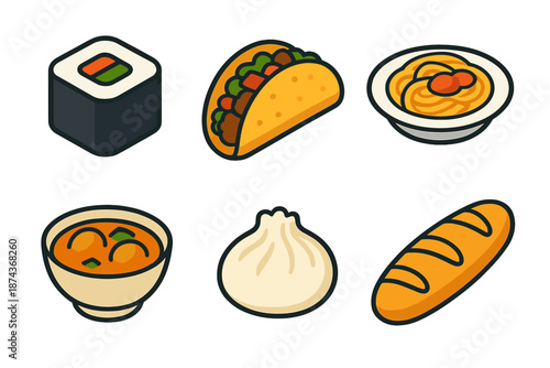 Global Food Icons. Cultural cuisine set in isometric flat vector : sushi roll, taco, pasta plate, curry bowl, dumpling, baguette