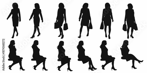 Silhouettes of women in various poses walking and seated with shopping bags