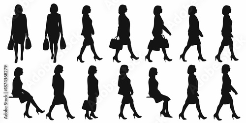 Silhouette series depicting women walking in various poses and business attire