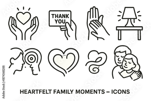 Heartfelt Family Icons. Heartfelt Family Moments set in outline vector style: supportive hands, glowing heart, gratitude note, gentle gesture, comforting light,