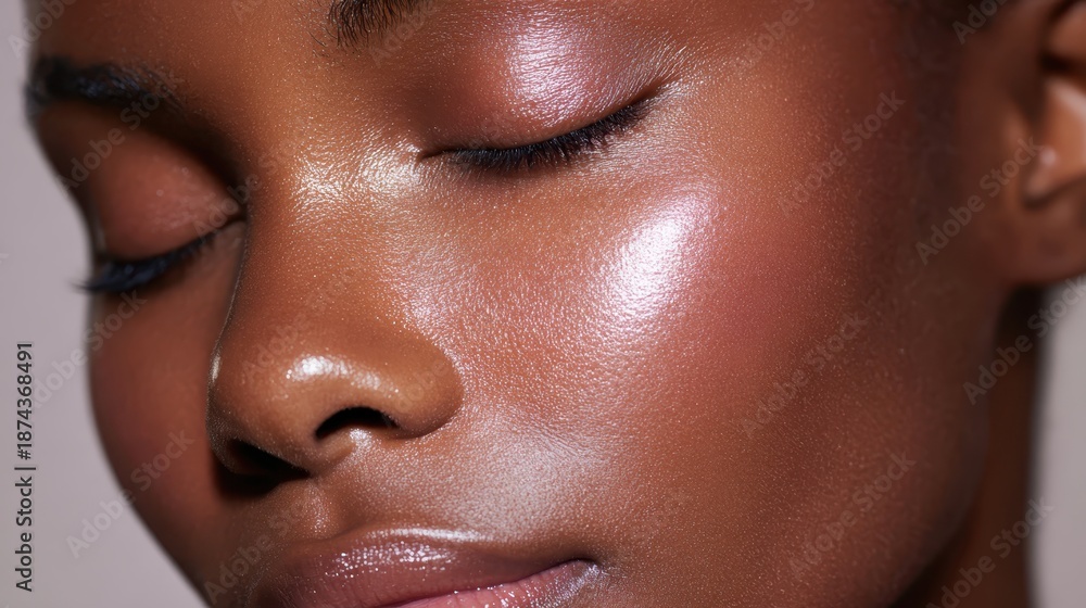 Fototapeta premium African american woman having perfect glowing skin, with highlights reflecting light on her cheekbones and forehead, emphasizing dewy complexion beauty and wellness