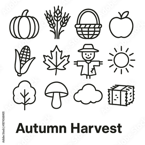 Autumn Harvest Icons. Autumn Harvestset in outline vector style pumpkin, wheat, basket, apple, corn, leaf, scarecrow, sun, tree, mushroom, cloud, hay bale