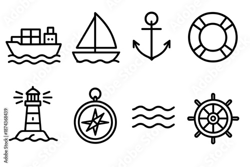 Nautical Icon Set. Vesselset in outline vector style cargo ship, sailboat, anchor, lifebuoy, lighthouse, compass, waves, steering wheel