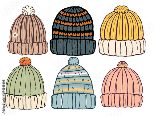 Hand-Drawn Knitted Beanie Hats Collection with Pom-Poms