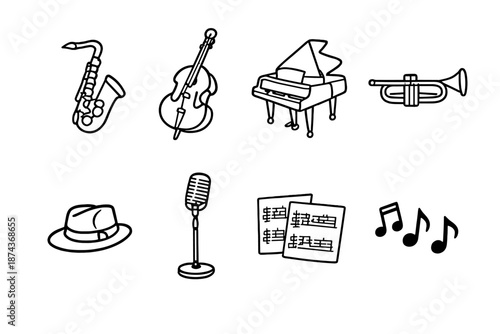 Jazz Band Icons. Jazz bandset in outline vector style saxophone, upright bass, piano, trumpet, music notes, jazz hat, microphone stand, sheet music