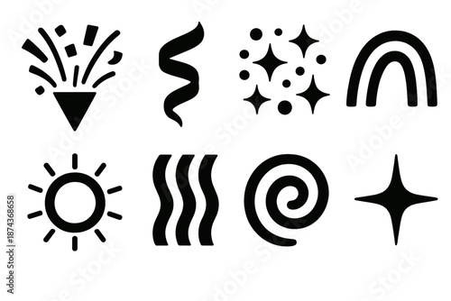 Festive Icon Set. Festive Flair icon set in silhouette bold style. Contain confetti burst, ribbon curl, sparkling dot cluster, party arc line, celebratory flare