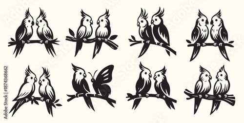 Nine Black and White Cockatiel Pairs on Branches Stylized Bird Illustrations birds