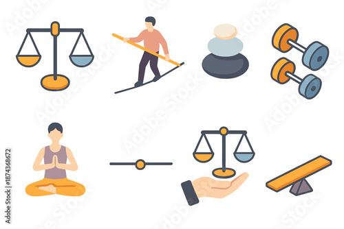 Isometric Balance Icons. Balance set in isometric flat vector : scale, tightrope, balanced stones, weights, yoga pose, equilibrium line, hand holding scale, seesaw
