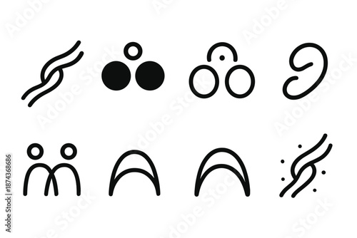 Symbolic Bond Icons. New Connection Fresh Bond set in outline vector style : paired curve line, shared glow mote, calm highlight dot, drift swirl, unity arc, subtle speck