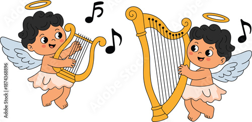 Cartoon cherubs playing lyre and harp, musical angels, heavenly theme, black hair, white garments, whimsical illustration, joyful design