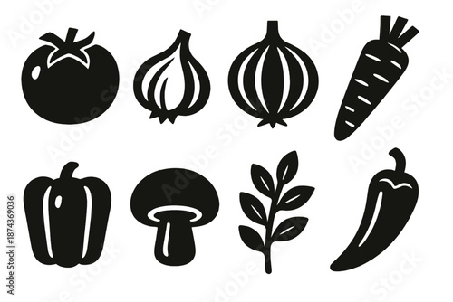 Bold Ingredient Icons. Cooktime Ingredients icon set in silhouette bold style. Contain tomato, garlic clove, onion, carrot, bell pepper, mushroom, herb sprig, chili pepper