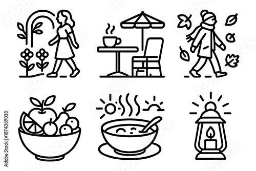 Seasonal Lifestyle Icons. Seasonal Lifestyle Expressions set in outline vector style: garden stroll, outdoor café cup, autumn walk, winter reading nook, fresh