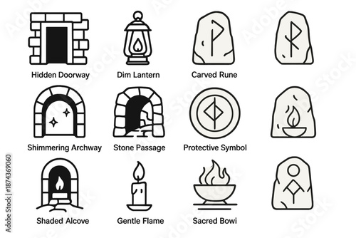 Secret Sanctuary Symbols. Secret Sanctuary set in outline vector style: hidden doorframe, dim lantern, carved rune, quiet chamber, soft shimmer arc, stone
