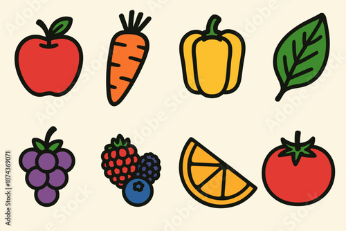 Colorful Produce Icons. Colorful Fresh Produce set in outline vector style: red apple, orange carrot, yellow pepper, green leaf, purple grape cluster, berry mix, citrus wedge, vibrant tomato