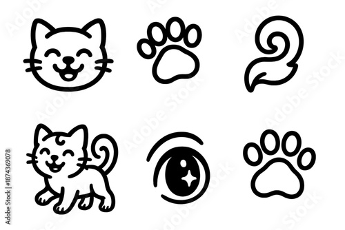 Joyful Animal Icons. Animal joy set in outline vector style : smiling muzzle, bouncy paw, fuzzy tail loop, gentle fur swirl, bright eye spark, playful step mark