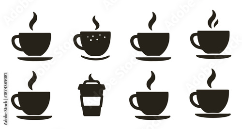 Nine Coffee Cup Icons Black Silhouettes Steam Three Stars Takeaway Cup vector