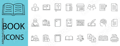 Book icon set. Containing library, read, author, journal, reading, bookshelf, magazine, e-book and more. Vector solid icons collection, Editable...
