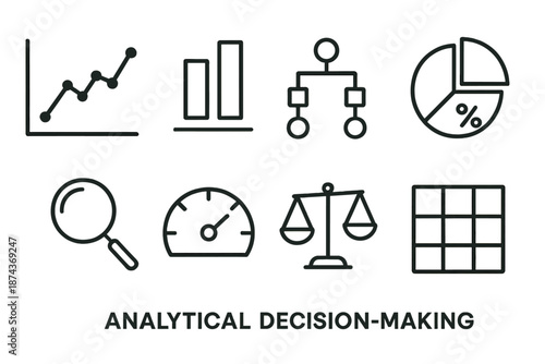 Analytical Icon Set. Analytical Decision Making set in outline vector style: data chart, comparison bars, logic nodes, probability wheel, matrix table, insight lens, metric gauge, weighted scale