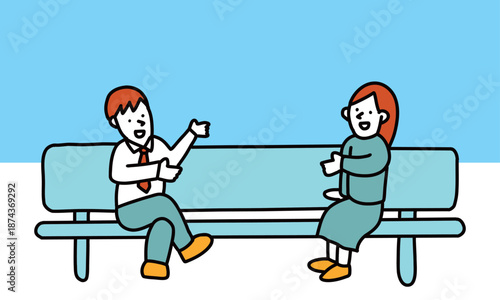 長いベンチの端に座って話し合う男性と女性のイラスト