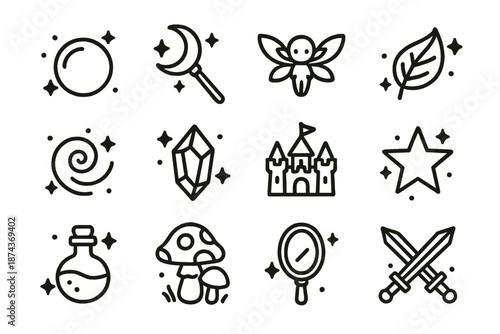 Magical Icon Set. Magical Realms set in outline vector style : glowing orb, crescent wand, tiny winged creature, enchanted leaf, shimmering swirl, floating crystal -