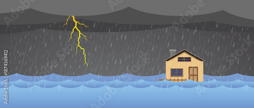 Flood natural disaster with house, heavy rain and storm , damage with home, clouds and rain, flooding water in city, Flooded house.