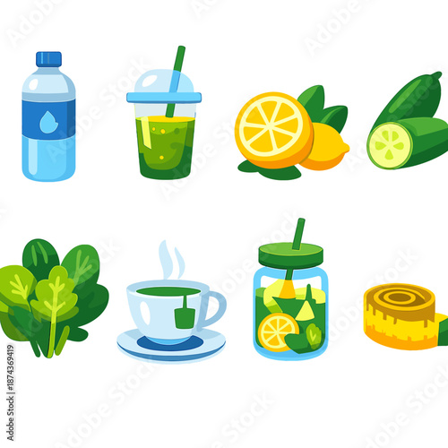 Minimal Detox Icons. Detox vector set in modern flat style : water bottle, smoothie, lemon, cucumber, leafy greens, tea cup, detox jar, measuring tape