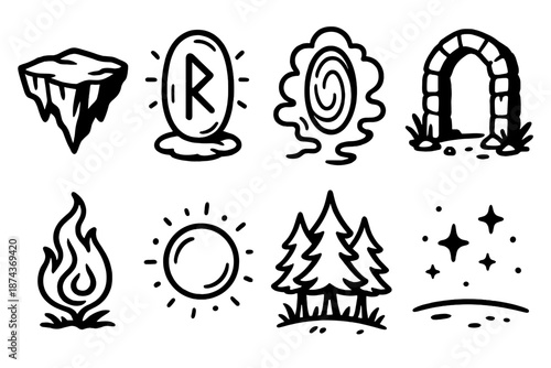 Mystic Icon Collection. Mystic Realms set in outline vector style: floating island, glowing rune, misty portal, ancient stone arch, spirit flame, drifting orb, enchanted forest line, star-lit horizon