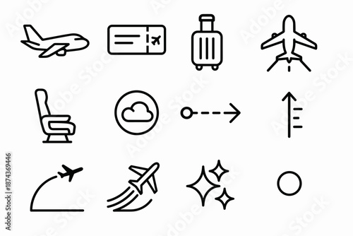 Airborne Icons Collection. Airborne Journey set in outline vector style: airplane icon, boarding slip, carry-on bag, runway approach, cabin seat, cloud ring,