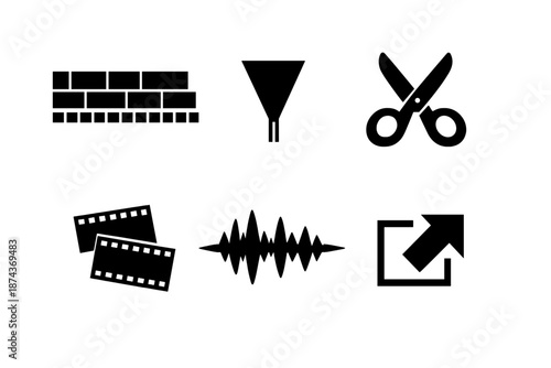 Brutalist Video Icons. Video editing icon set in silhouette bold style. Contain timeline track, playhead cursor, cut scissors, clip segments, waveform audio, export arrow