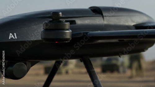 Close-up view of military multirotor drone equipped with AI technology, designed for tactical missions, surveillance, and autonomous operations.