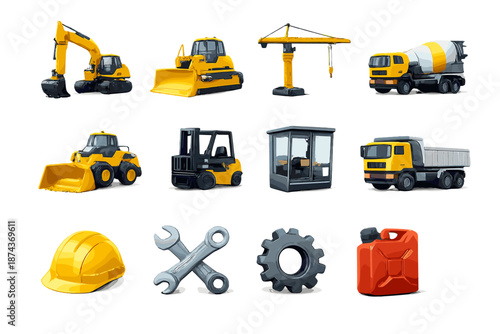 Construction Machinery Icons. Construction Machinery: excavator, bulldozer, crane, cement mixer, wheel loader, forklift, safety helmet, control cabin, truck, wrench, gear icon, fuel can