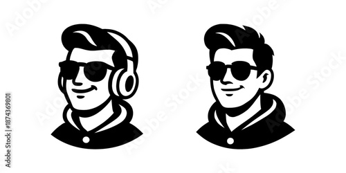 Cool Young Man with Sunglasses and Headphones Black and White Illustration.