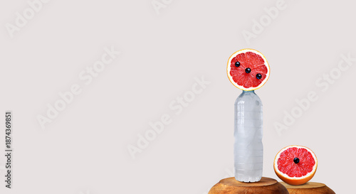 Energetic drinks, isotonic, ice cold conceptual image. Modern drinks wallpaper, sustainability, sliced ​​grapefruit with black berry, frosty plastic bottle. Image manipulation, copy space