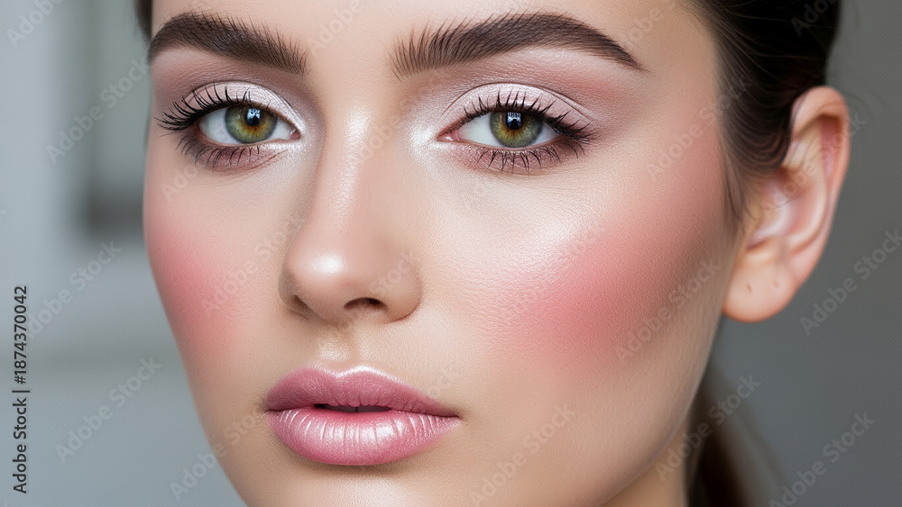 Fototapeta premium Frosted makeup look featuring pink gemstones and vibrant blush on a radiant model