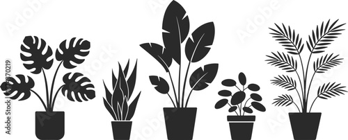 Potted plant silhouette set, black botanical illustration, houseplant icons, leaf variety, indoor greenery, minimalist design, nature theme