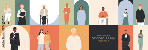 International Women's Day banner. March 8. Different women together. Modern colourful design.