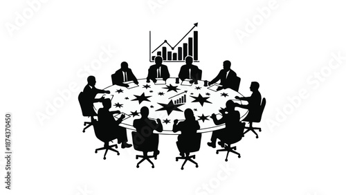 Silhouette of business team meeting around conference table with graph