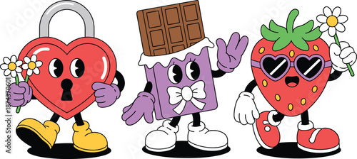 Valentine cartoon characters, heart padlock, chocolate bar, strawberry with sunglasses, cute design, festive icons, love theme, playful illustration