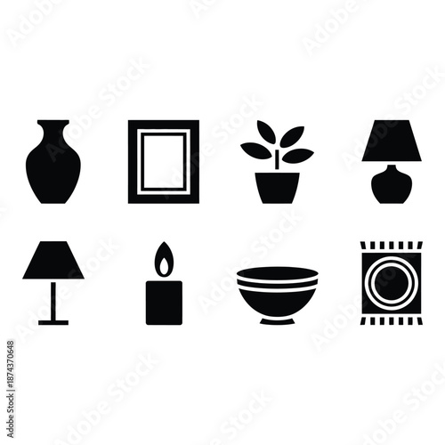 Collection of black home decor icons on white background