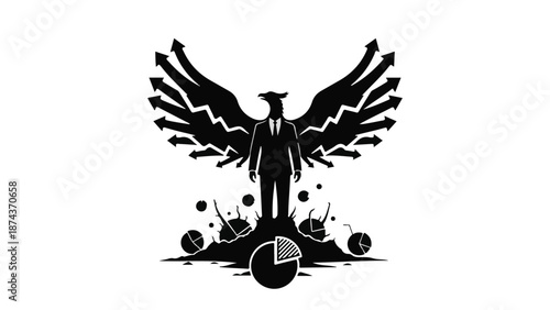 Silhouette of a man with wings standing on clock and arrows