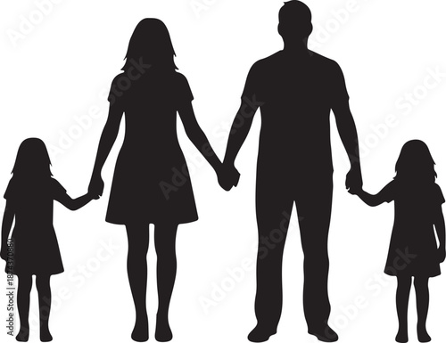  Family Silhouette Parents and Two Young Daughters Holding Hands Together, Symbolizing Love, Unity, and Childhood