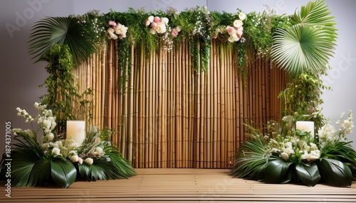 lush greenery and flowers adorn a bamboo photo booth backdrop