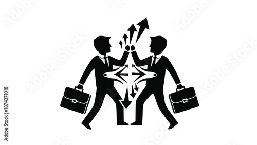 Two businessmen in silhouette bumping fists in celebration