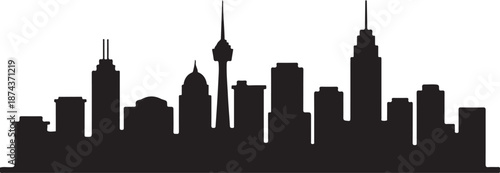 Minimalist black silhouette of a modern city skyline, showcasing various urban buildings, skyscrapers, and a distinctive tower, ideal for architectural and metropolitan themes