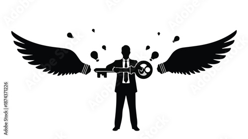 Businessman with wings and gun in black silhouette