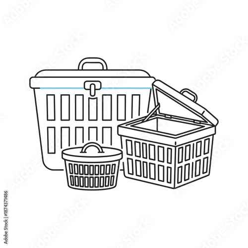 Three outline laundry baskets of different sizes for clothes storage and organization