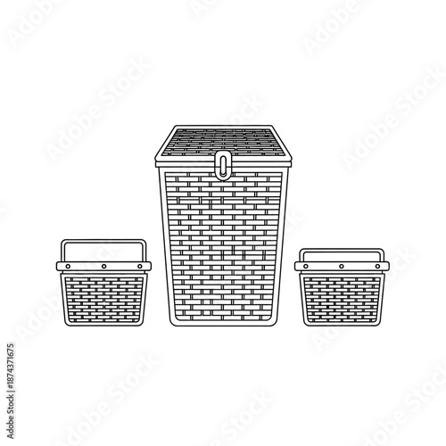 Wicker Basket Collection - Three Sizes, Woven Texture, Line Art Illustration