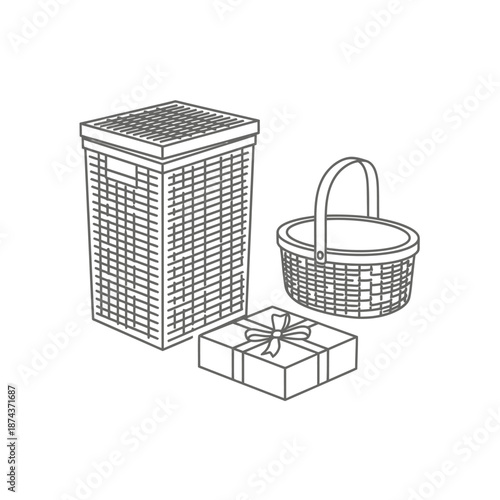 Wicker Basket, Gift Box, and Tall Storage Container Line Art