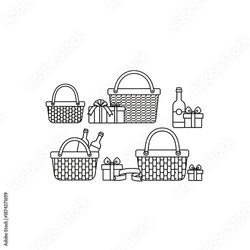 Wicker Baskets with Gifts and Bottles Vector Set